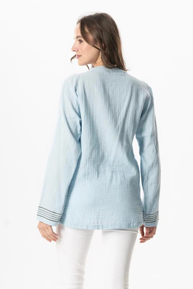 Uzun Kol İbiza Nakışlı Kadın Müslin Yazlık Tshirt Buz Mavi Bmv XL Buz Mavi - 2