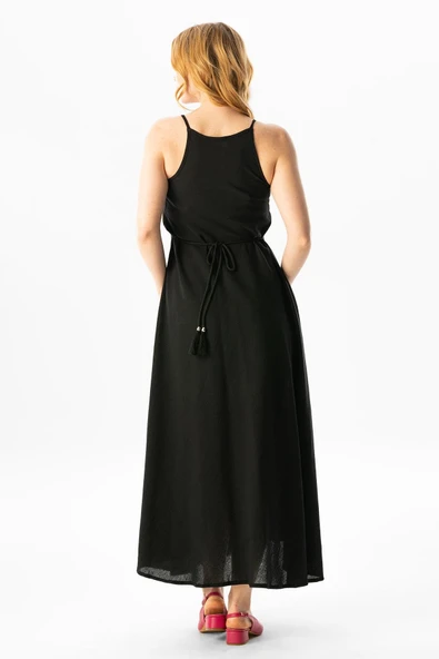 Askılı Şile Bezi Sima Uzun Yazlık Elbise Siyah Syh M Siyah - Resim 2