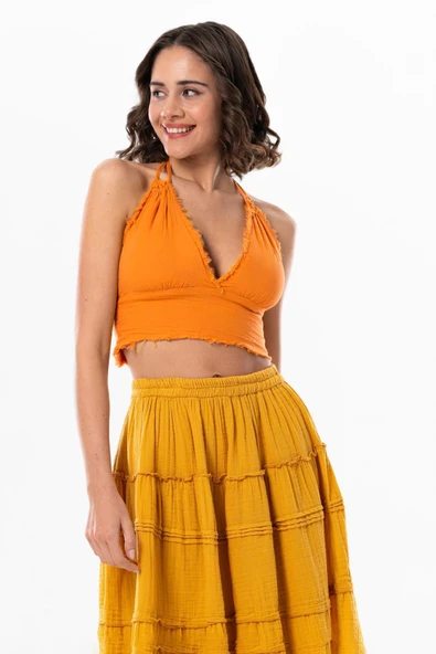 Göcek Bağlama Detaylı Yazlık Müslin Büstiyer Turuncu Trnc XL Turuncu - 4