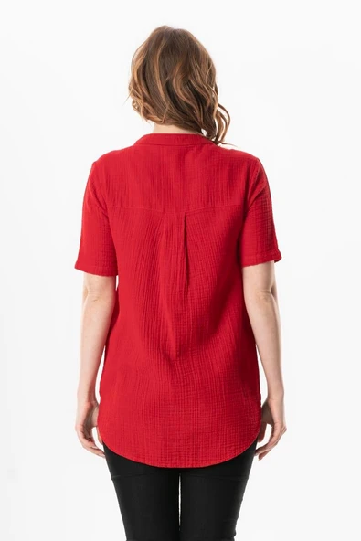 Kısa Kol Gülgün V Yaka Müslin Yazlık Bluz Kırmızı Krmz 2XL-3XL Kırmızı - Resim 2