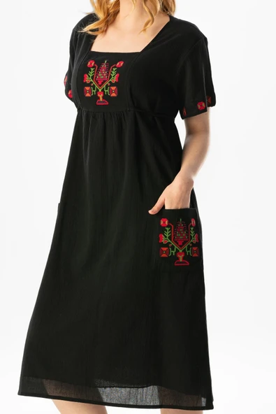 Kısa Kol Şile Bezi Melek Midi Boy Yazlık Otantik Elbise Siyah Syh 2XL Siyah - Resim 3