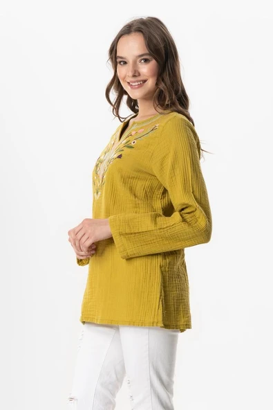 Uzun Kol Çiçek V Yaka Nakışlı Müslin Yazlık Bluz Yağ Yeşili Ygysl L/XL Yağ Yeşili - Resim 4