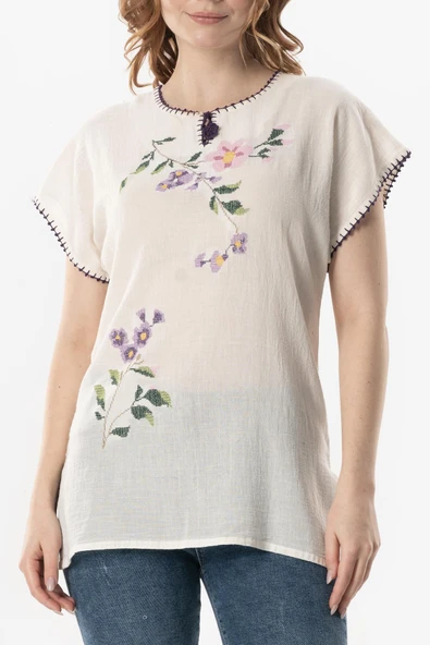 Kısa Kol Şile Bezi Cahide Yırtmaç Detaylı Yazlık Bluz Krem Krm L/XL Krem - Resim 3