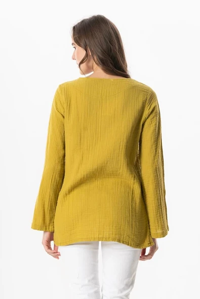 Uzun Kol Çiçek V Yaka Nakışlı Müslin Yazlık Bluz Yağ Yeşili Ygysl L/XL Yağ Yeşili - Resim 2