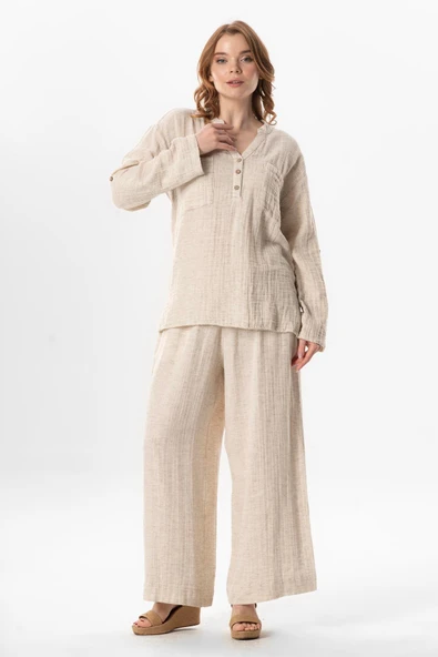 Uzun Kol Ezgi V Yaka Katlanabilir Kol Müslin Yazlık Bluz Krem Krm 2XL-3XL Krem - Resim 6