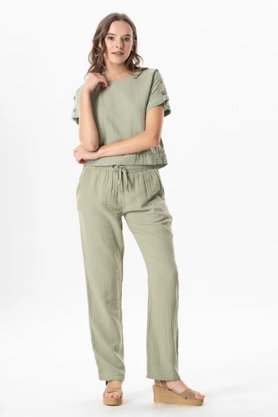 Kısa Kol İzel Yazlık Müslin Bluz Zeytin Yeşili Zytnysl XL Zeytin Yeşili - Resim 5