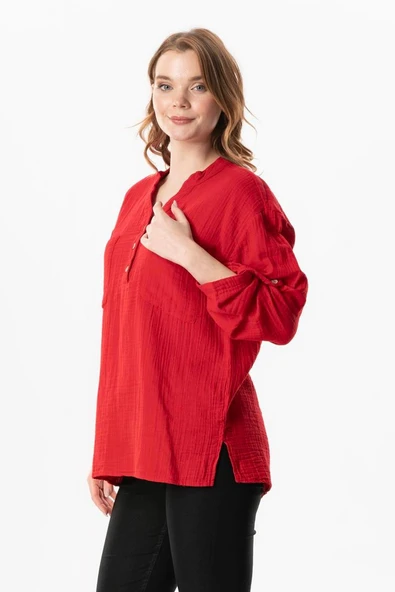 Uzun Kol Asu Yazlık Müslin Bluz Kırmızı Krmz L/XL Kırmızı - Resim 3