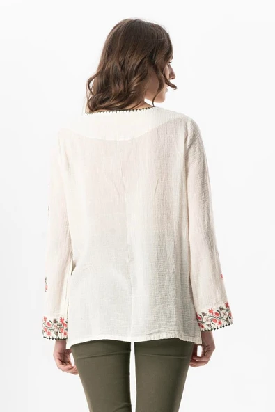 Uzun Kol Şile Bezi Kiraz Nakış İşlemeli Yazlık Bluz Krem Krm 4XL/5XL Krem - Resim 2