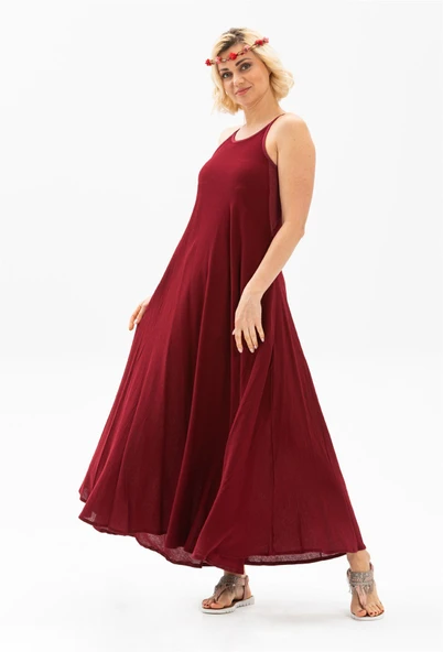Askılı Şile Bezi Sima Uzun Yazlık Elbise Bordo Brd M Bordo ürün görseli