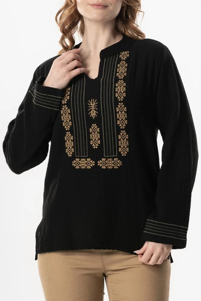 Uzun Kol İbiza Nakışlı Kadın Müslin Yazlık Tshirt Siyah Syh S Siyah - Resim 3