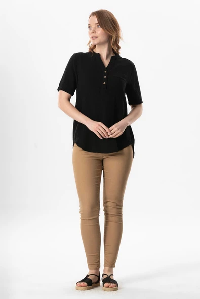 Kısa Kol Gülgün V Yaka Müslin Yazlık Bluz Siyah Syh 2XL-3XL Siyah - Resim 5