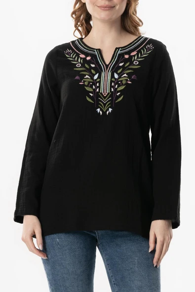 Uzun Kol Çiçek V Yaka Nakışlı Müslin Yazlık Bluz Siyah Syh L/XL Siyah - Resim 3