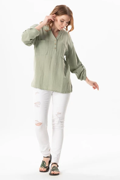 Uzun Kol Asu Yazlık Müslin Bluz Zeytin Yeşili Zytnysl S/M Zeytin Yeşili - Resim 5