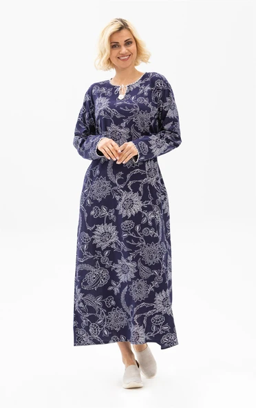 Uzun Kol Büyük Beden Şile Bezi Baskılı Uzun Yazlık Elbise Çınar Desen Mor Mor 4XL Mor - 1