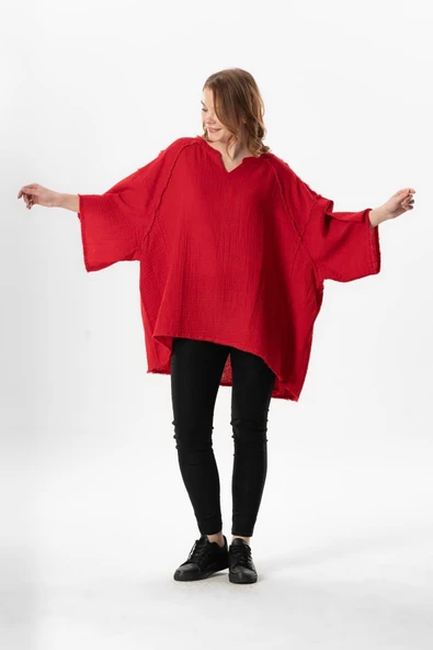 Yarım Kol Nadya V Yaka Müslin Yazlık Bluz Kırmızı Krmz - Resim 5