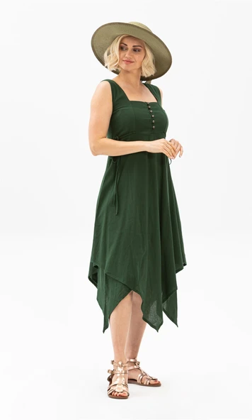 Kolsuz Şile Bezi Üçgen Katlı Midi Boy Yazlık Elbise Yeşil Ysl L Yeşil - Resim 4