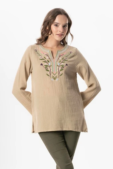 Uzun Kol Çiçek V Yaka Nakışlı Müslin Yazlık Bluz Vizon Vzn L/XL Vizon - 1
