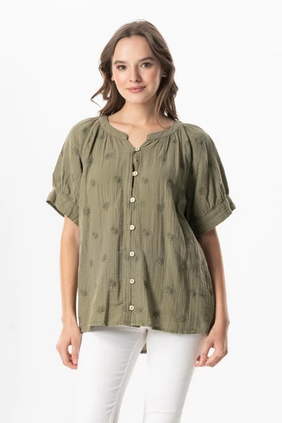 Kısa Kol V Yaka Venüs Düğmeli Müslin Yazlık Bluz Haki Hk 4XL/5XL Haki