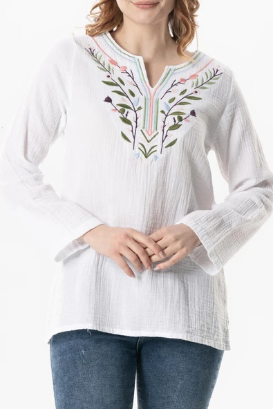 Uzun Kol Çiçek V Yaka Nakışlı Müslin Yazlık Bluz Beyaz Byz 4XL/5XL Beyaz - Resim 3