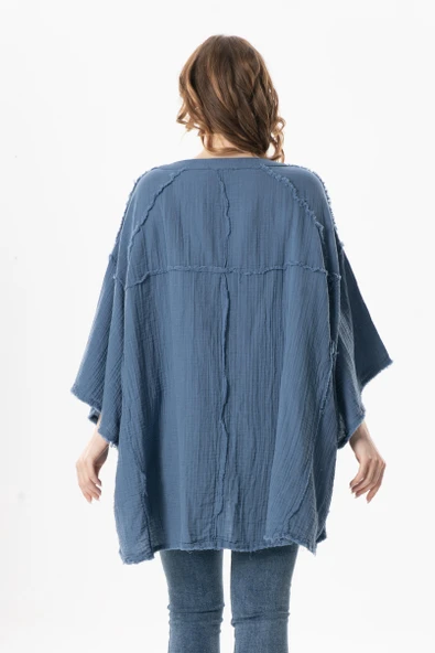 Yarım Kol Nadya V Yaka Müslin Yazlık Bluz İndigo indg - Resim 2