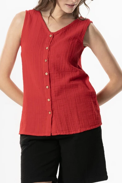 Kolsuz Melis Yazlık Müslin Bluz Kırmızı Krmz S Kırmızı - Resim 4