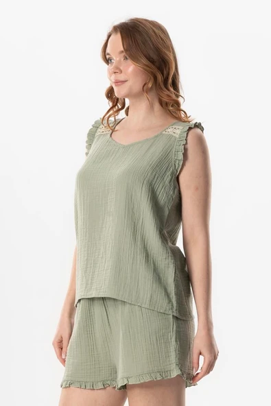 Kolsuz Fırfır Detaylı Duru Oval Yaka Müslin Yazlık Bluz Zeytin Yeşili Zytnysl M Zeytin Yeşili - Resim 4