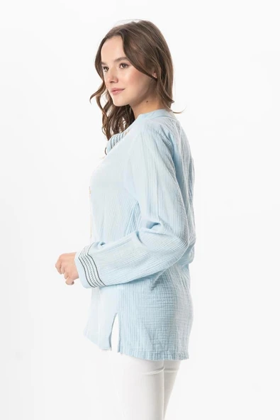 Uzun Kol İbiza Nakışlı Kadın Müslin Yazlık Tshirt Buz Mavi Bmv XL Buz Mavi - 4