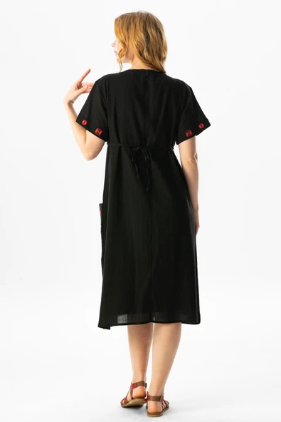 Kısa Kol Şile Bezi Melek Midi Boy Yazlık Otantik Elbise Siyah Syh XL Siyah - Resim 2