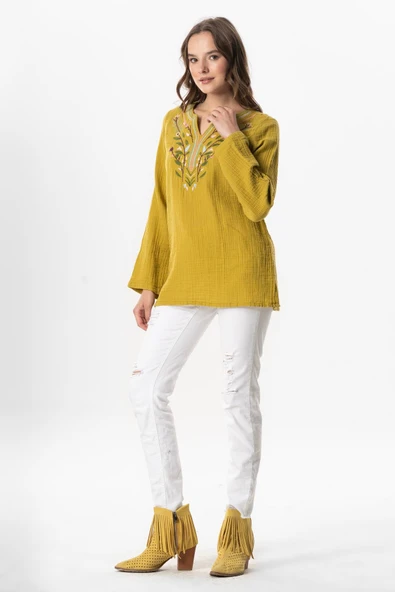 Uzun Kol Çiçek V Yaka Nakışlı Müslin Yazlık Bluz Yağ Yeşili Ygysl L/XL Yağ Yeşili - Resim 5