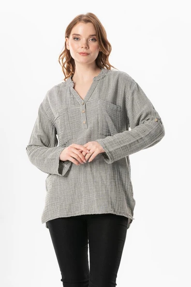 Uzun Kol Asu Yazlık Müslin Bluz Çizgili Çzgl 2XL-3XL Çizgili ürün görseli