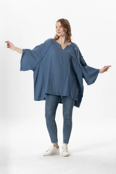 Yarım Kol Nadya V Yaka Müslin Yazlık Bluz İndigo indg - Resim 6