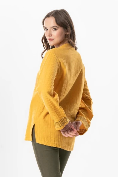 Uzun Kol İbiza Nakışlı Kadın Müslin Yazlık Tshirt Hardal Hrd 2XL Hardal - Resim 2