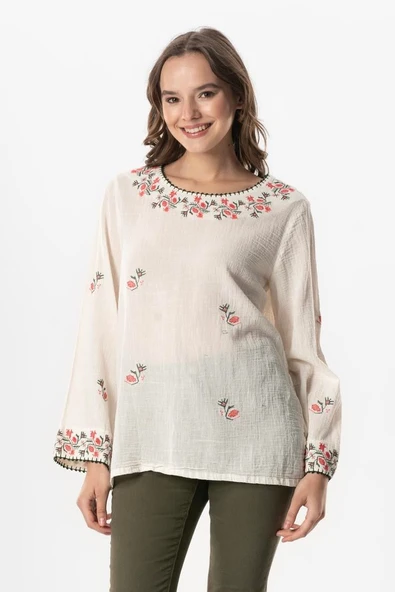 Uzun Kol Şile Bezi Kiraz Nakış İşlemeli Yazlık Bluz Krem Krm 4XL/5XL Krem ürün görseli