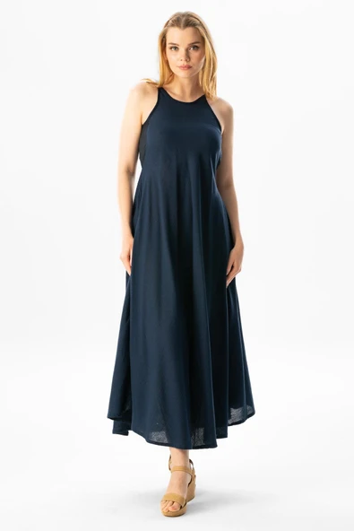 Askılı Şile Bezi Sima Uzun Yazlık Elbise Lacivert Lcvt S Lacivert ürün görseli
