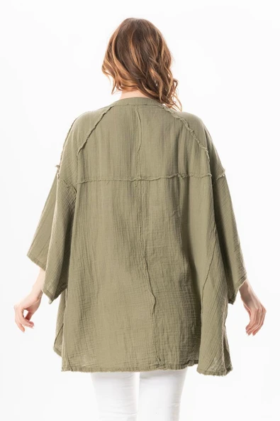Yarım Kol Nadya V Yaka Müslin Yazlık Bluz Haki Hk - Resim 2