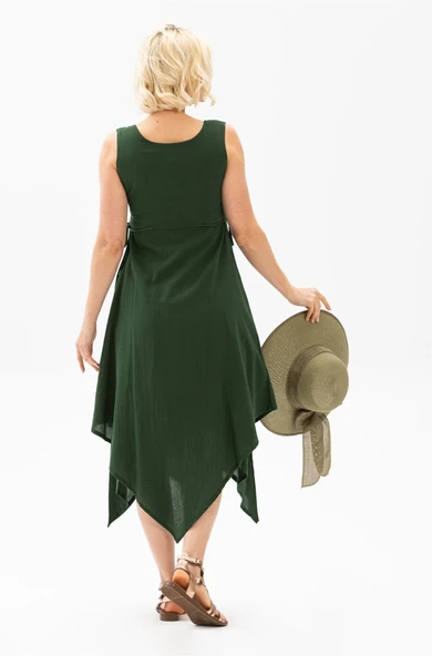 Kolsuz Şile Bezi Üçgen Katlı Midi Boy Yazlık Elbise Yeşil Ysl XS Yeşil - Resim 2