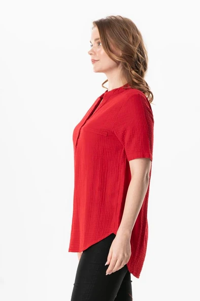 Kısa Kol Gülgün V Yaka Müslin Yazlık Bluz Kırmızı Krmz 2XL-3XL Kırmızı - Resim 4
