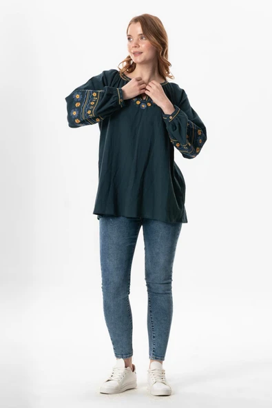 Uzun Kol Şile Bezi Gülruh V Yaka Nakışlı Bluz Petrol Ptrl L/XL Petrol - 5