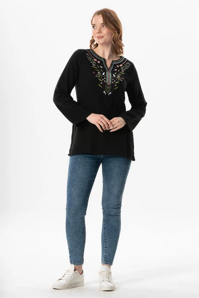 Uzun Kol Çiçek V Yaka Nakışlı Müslin Yazlık Bluz Siyah Syh 2XL-3XL Siyah - 5
