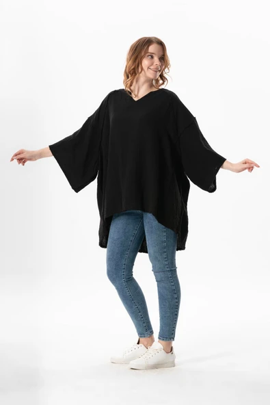Yarım Kol Nadya V Yaka Müslin Yazlık Bluz Siyah Syh - Resim 5