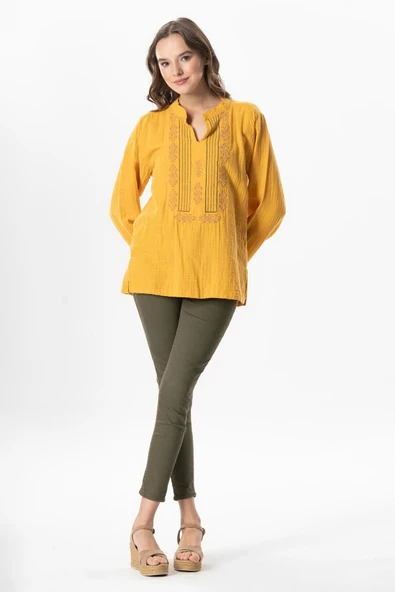 Uzun Kol İbiza Nakışlı Kadın Müslin Yazlık Tshirt Hardal Hrd M Hardal - Resim 5