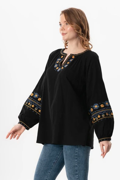 Uzun Kol Şile Bezi Gülruh V Yaka Nakışlı Bluz Siyah Syh 2XL-3XL Siyah - Resim 4