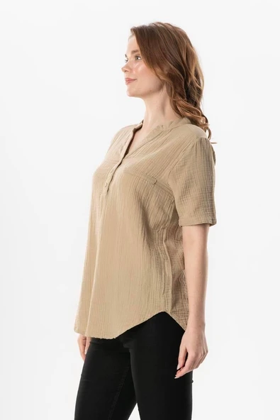 Kısa Kol Gülgün V Yaka Müslin Yazlık Bluz Vizon Vzn L/XL Vizon - Resim 4