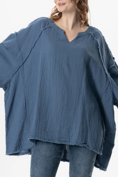 Yarım Kol Nadya V Yaka Müslin Yazlık Bluz İndigo indg - Resim 3