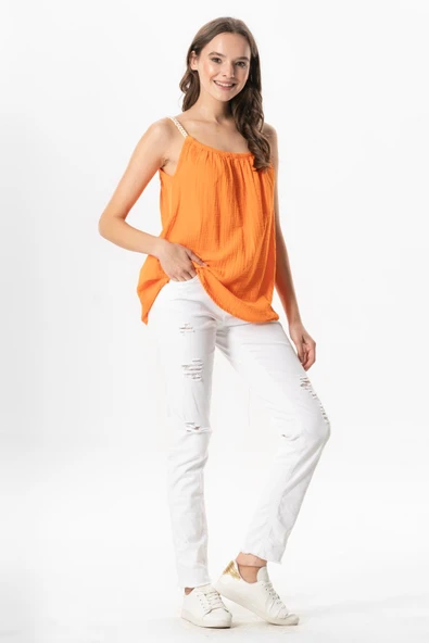 Askılı Alaçatı Yazlık Müslin Bluz Turuncu Trnc L/XL Turuncu - Resim 5