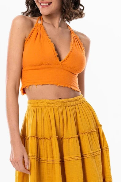 Göcek Bağlama Detaylı Yazlık Müslin Büstiyer Turuncu Trnc S Turuncu - Resim 3