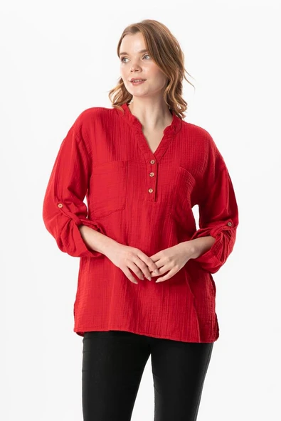 Uzun Kol Asu Yazlık Müslin Bluz Kırmızı Krmz L/XL Kırmızı ürün görseli