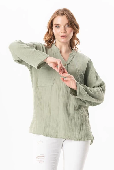 Uzun Kol Asu Yazlık Müslin Bluz Zeytin Yeşili Zytnysl S/M Zeytin Yeşili ürün görseli
