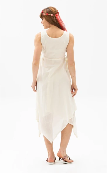 Kolsuz Şile Bezi Üçgen Katlı Midi Boy Yazlık Elbise Krem Krm XS Krem - Resim 2