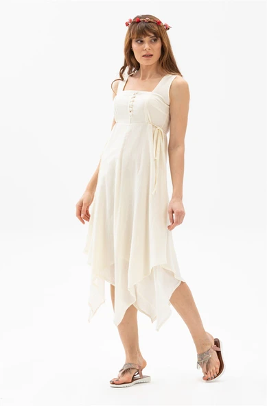 Kolsuz Şile Bezi Üçgen Katlı Midi Boy Yazlık Elbise Krem Krm L Krem ürün görseli